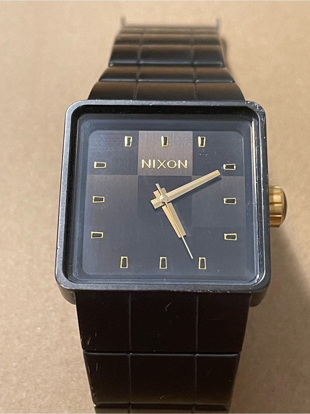 Nixon Quatro Black Square Dial Watch with Gold Accents